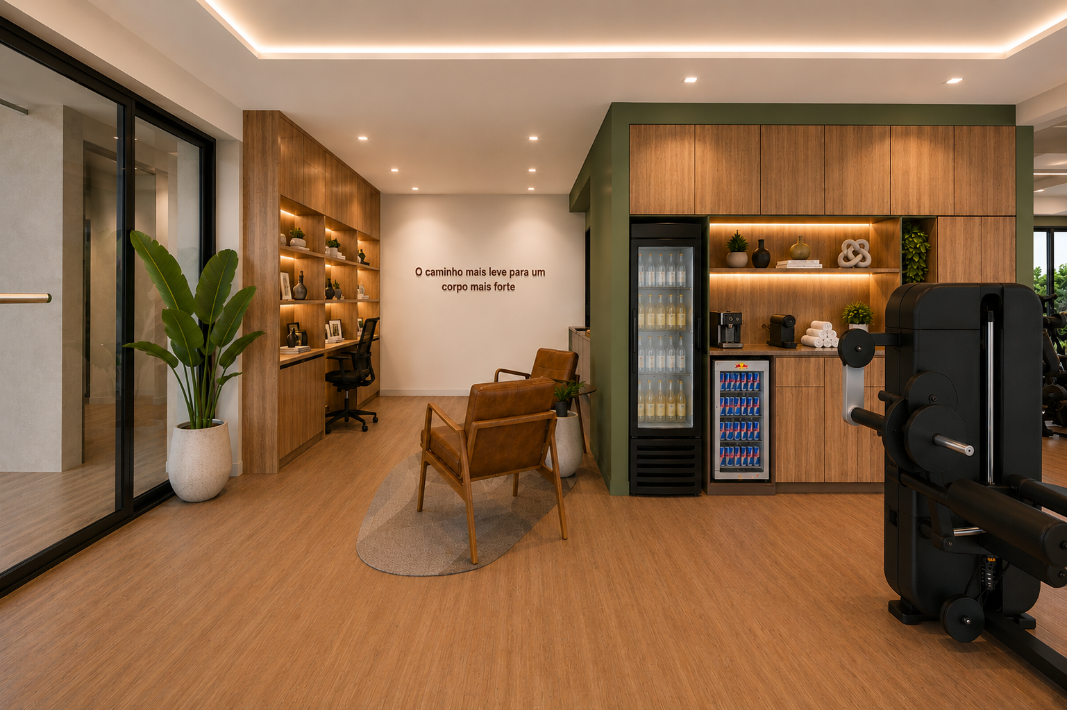 Lounge do Studio Avitá com madeira clara, parede verde oliva e luz natural